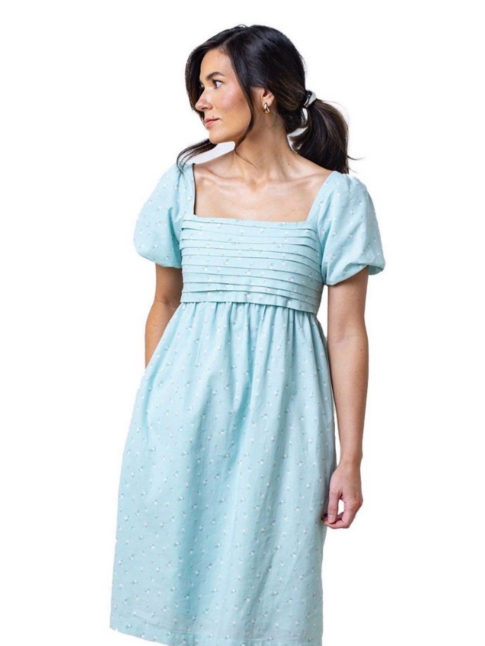 Square Neck Pintuck Midi Dress in Light Blue